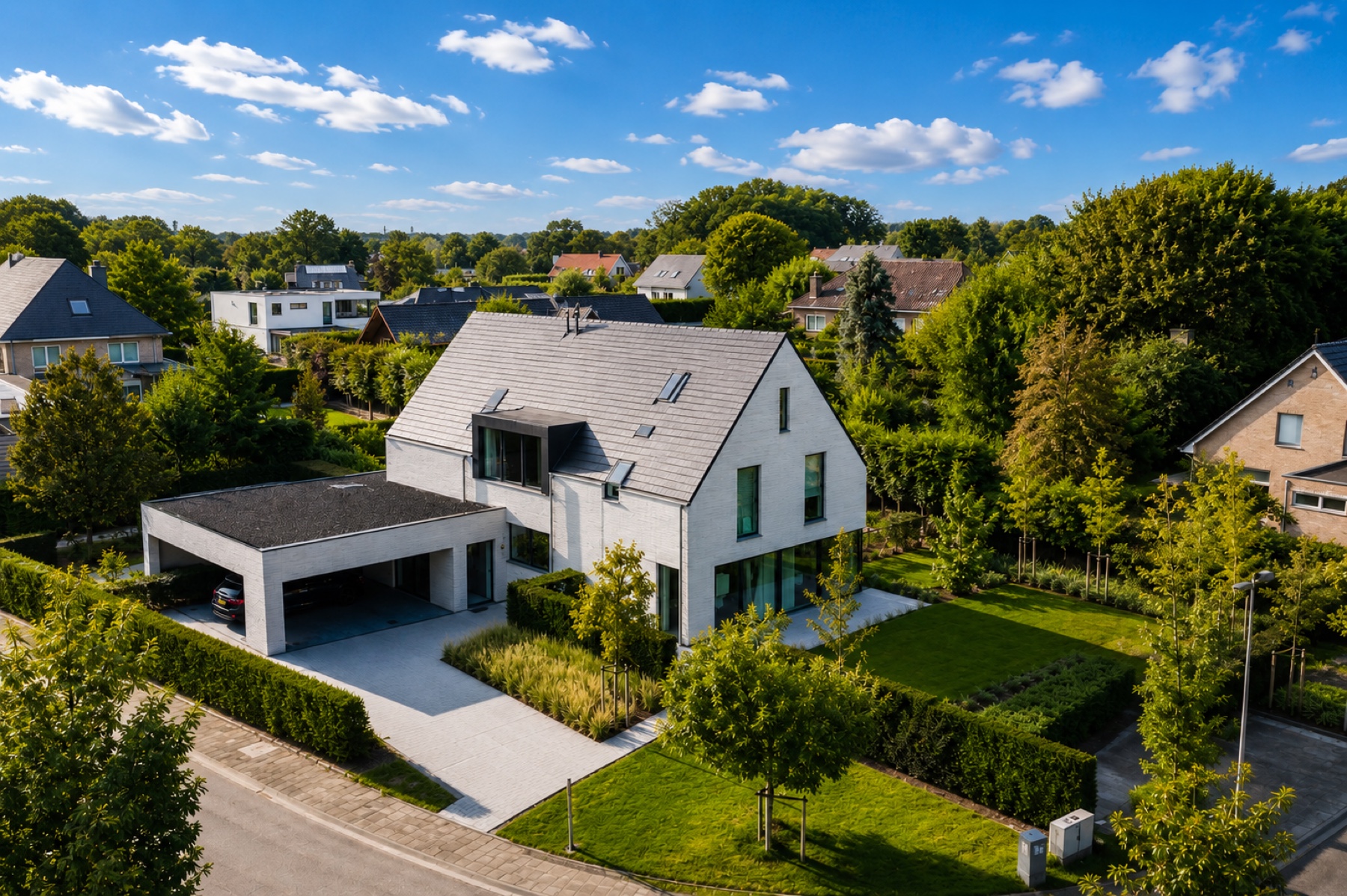 Dronebeeld van een woning en omgeving